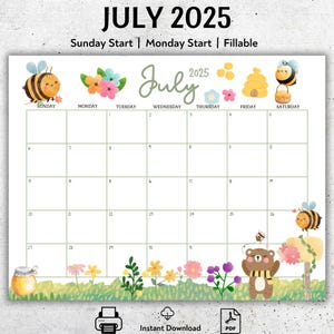 EDITABLE July 2025 Calendar, 2025 Summer Planner, Colorful Happy Summer, Cute Bee, Beautiful Flowers, Printable Planner, Fillable Calendar