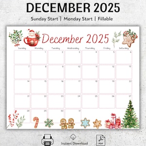 December 2025 Printable Calendar, Christmas Themed Monthly Planner, Cute Holiday Organizer, Sunday or Monday Start, Instant PDF Download