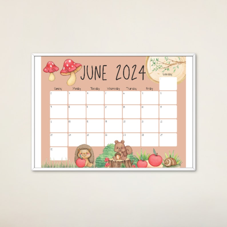 EDITABLE June 2024 Calendar, Cute Hedgehog, Snail and Squirrel ...