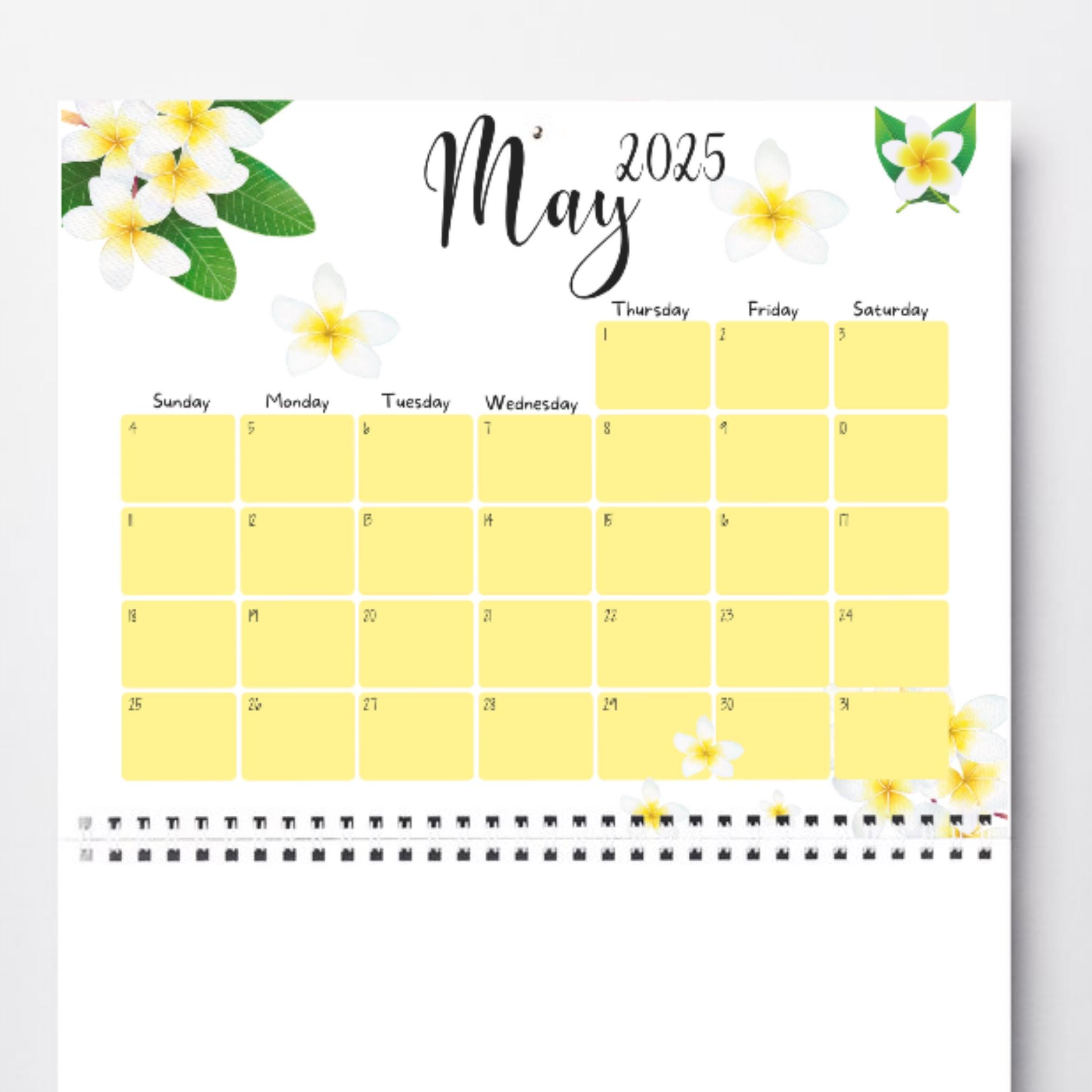 Editable/printable May 2025 Calendar, Yellow and White Flowers, Mother