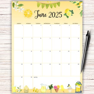 Editable 2025 June Calendar, Monthly June Planner, Yellow Lemons, Kids Calendar, Kids School Schedule, Printable Planner, Fillable Calendar