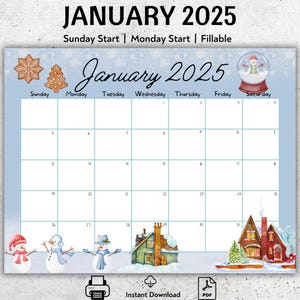EDITIERBARER Januar 2025 Kalender, Schöner Winter, Frohes Neues Jahr, Druckbarer Januar Planer, Ausfüllbarer Kalender, Monatlicher Stundenplan, PDF