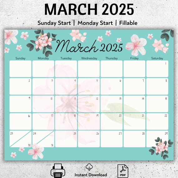 Editable Printable 2025 March Calendar, 2025 March Planner, Floral Calendar, Minimalist Calendar, Kids School Schedule, Homeschool Planner