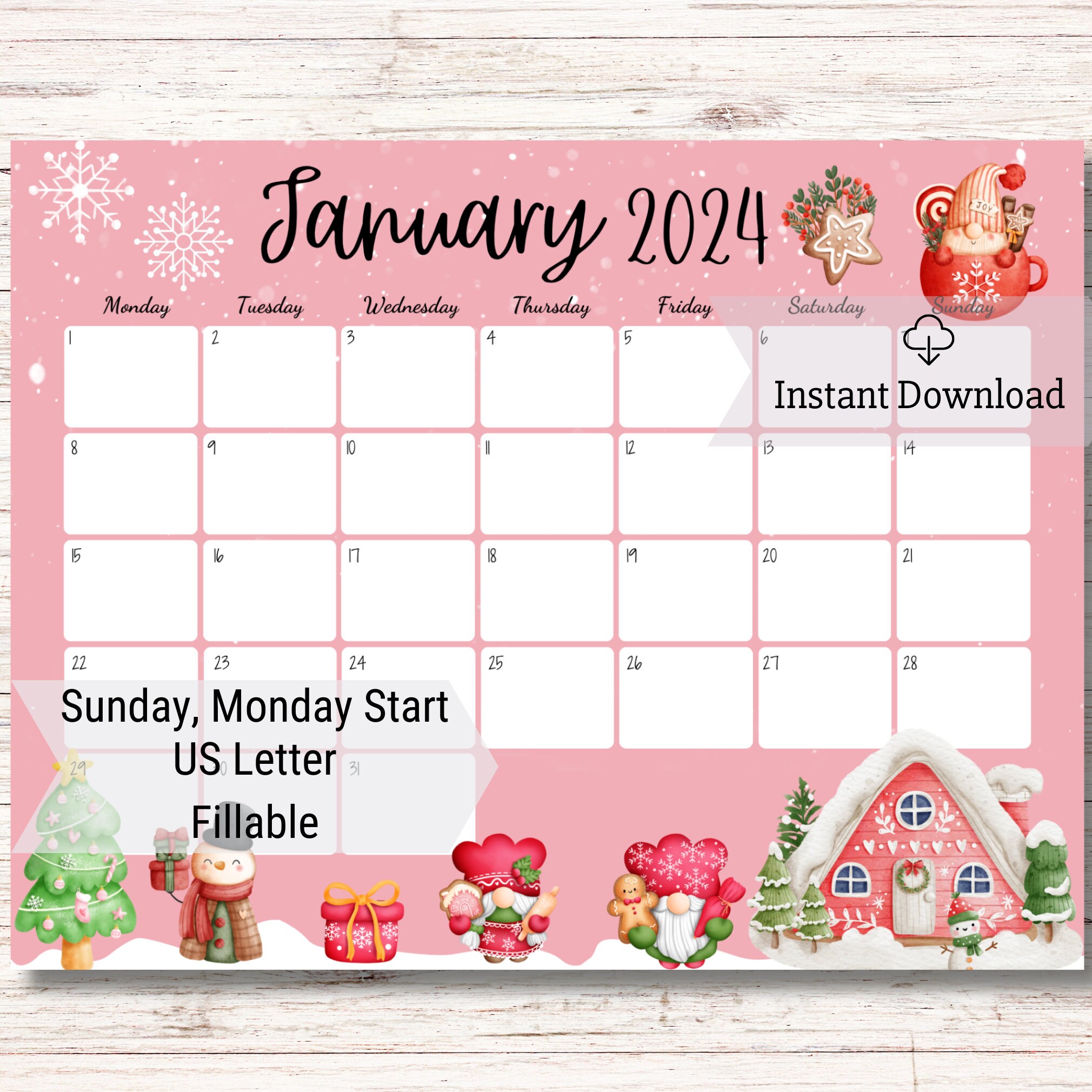 EDITABLE January 2024 Calendar, Cute Gnoms, Beautiful Winter, Happy New Year, Printable Fillable Calendar Planner, Monthly Schedule for Kids - Etsy