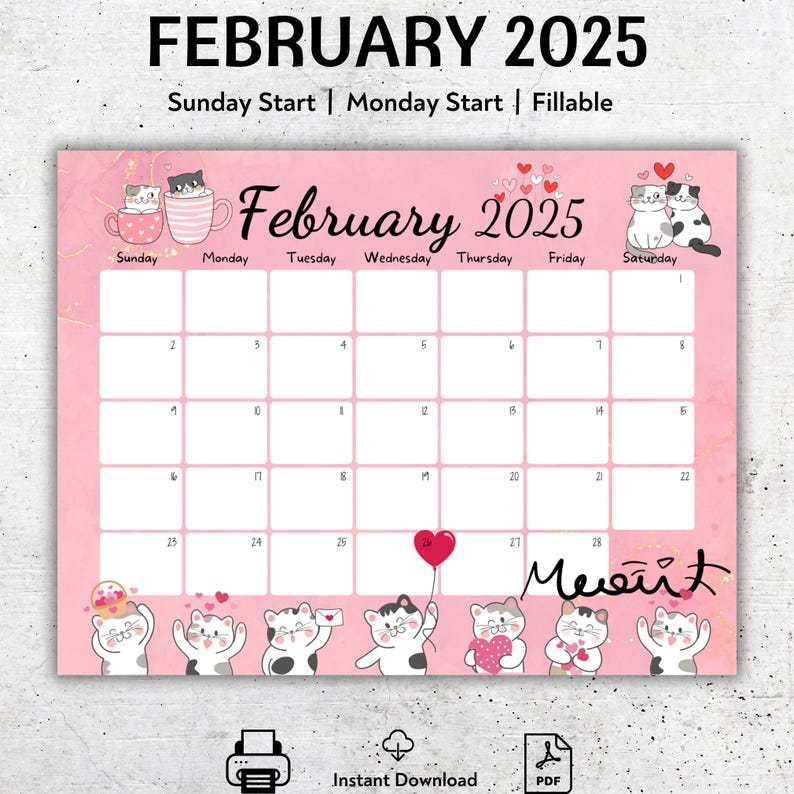 EDITABLE February 2025 Calendar, Valentines Day, Printable Calendar