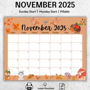 Calendario novembre 2025 MODIFICABILE, Bellissimo autunno, Planner novembre stampabile, Calendario compilabile, Programma mensile per bambini, Calendario per donne