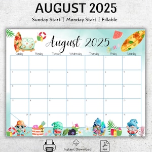 EDITABLE August 2025 Calendar, Beautiful Summer, Watermelon, Cute Gnome, Printable Vacation Planner, Simple Organizer, Instant Download