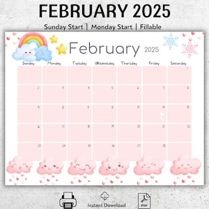 Calendario de febrero de 2025 editable, hermoso arcoíris, nubes lindas, planificador de calendario imprimible y rellenable, calendario mensual para niños, PDF