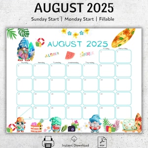 EDITABLE August 2025 Calendar, Beautiful Summer, Watermelon, Cute Gnomes, Printable Vacation Planner, Simple Organizer, Instant Download