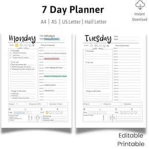 Bearbeitbarer 7-Tage-Planer zum Ausdrucken, Wochenplaner, Arbeitsplaner, Tageslog, Digital Life Planner, Mood Tracker, Wochenplaner
