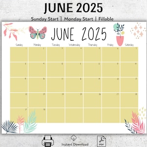 EDITABLE June 2025 Calendar, Beautiful Flowers and Butterfly, Printable June Planner, Fillable June Calendar, Monthly Schedule, Boho Colors