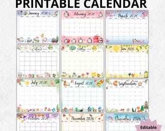 2026 Monthly Calendar, Printable Calendar, Editable Calendar, 2026 Wall Calendar, Fillable, Monthly Planner, Homeschool Classroom Calendar