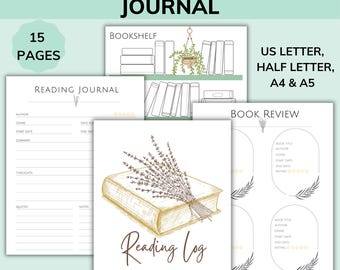 Peut inclure: Journal de lecture imprimable avec 15 pages, comprenant des pages de journal de lecture, de critique de livre et de journal de lecture. Disponible aux formats US Letter, Half Letter, A4 et A5. La couverture présente une illustration de livre avec de la lavande et les mots "Reading Log".