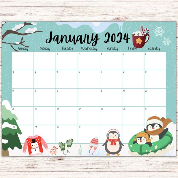 EDITABLE January 2024 Calendar, Monthly Schedule for kids, Beautiful Winter, Cute Penguins, Printable January Planner, Fillable Calendar