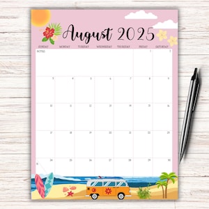 EDITABLE August 2025 Calendar, Printable Vacation Planner, Beach Theme, August Monthly Schedule, Fillable August Calendar, 2025 August