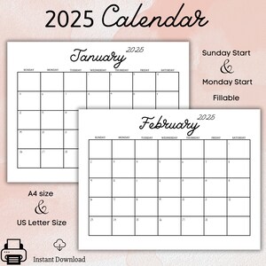 Calendario 2025 editable, planificador mensual 2025 imprimible, inicio en domingo y lunes, calendario mensual elegante 2025, tamaño A4, tamaño carta, calendario de pared