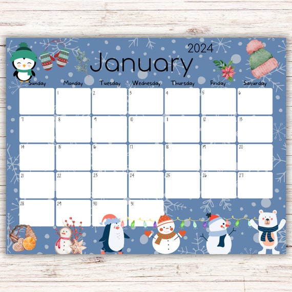 EDITABLE January 2024 Calendar, Beautiful Winter, Snowmen and Penguins, Printable Fillable Calendar Planner, Monthly Schedule for Kids - Etsy