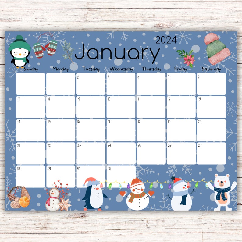 EDITABLE January 2025 Calendar, Beautiful Winter, Snowmen and Penguins