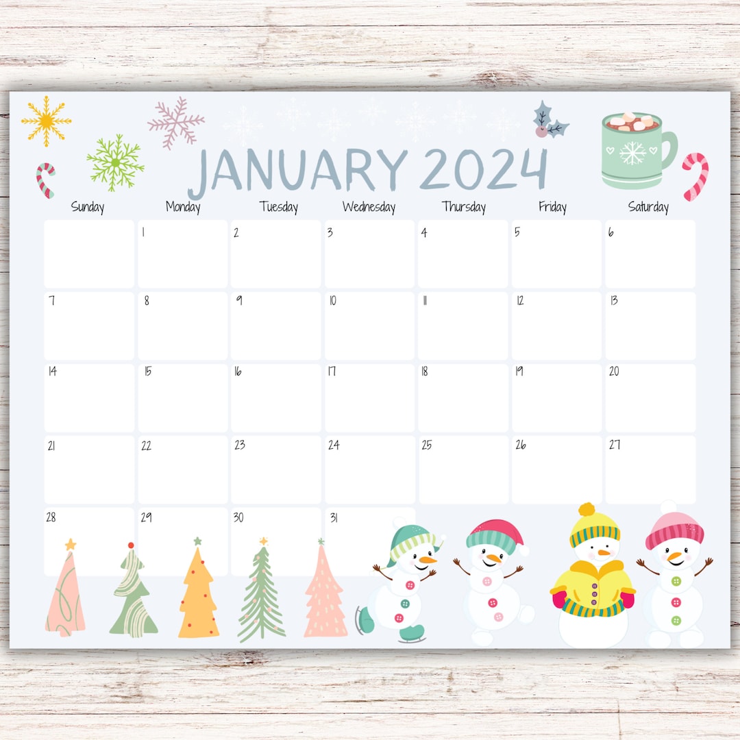 Calendrier MODIFIABLE de janvier 2025, Bel hiver, Bonhommes de neige