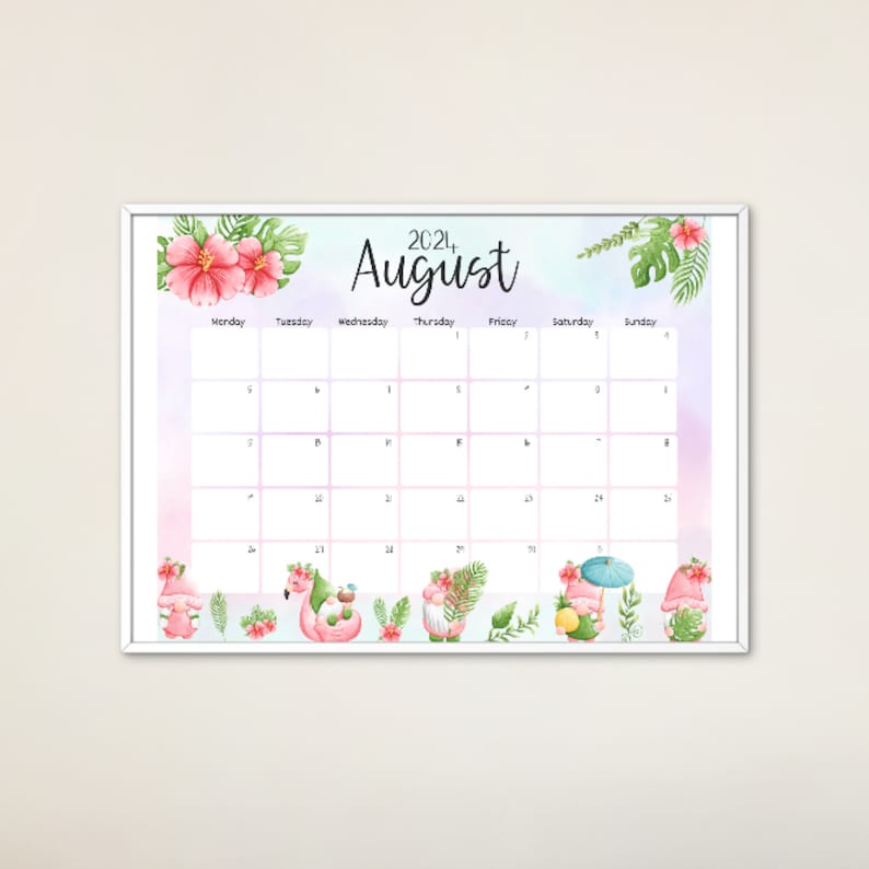 EDITABLE August 2024 Calendar, Printable Homeschool Planner, Wonderful Summer Organizer, Vacation Planner, Cute Gnomes, Beautiful Flowers