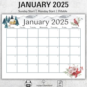 EDITIERBARER Kalender für Januar 2025, druckbarer Januarkalender, schneebedeckte Berge, ausfüllbarer Kalenderplaner, monatlicher Stundenplan für Kinder und Erwachsene
