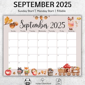 EDITABLE September 2025 Calendar, Fillable September Planner, Homeschool Calendar, Academic Calendar, Beautiful Autumn, Acorn, Cute Animals