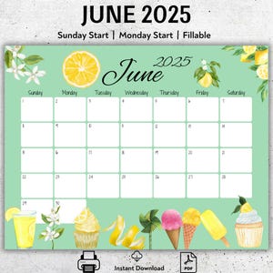 June 2025 Printable Calendar, Lemon Themed Monthly Planner, Digital Calendar, Sunday and Monday Start, Fillable PDF, Instant Download