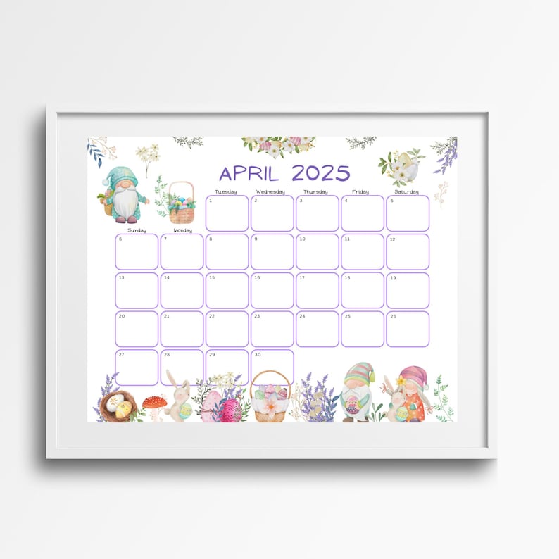 EDITABLE April 2025 Calendar, Printable Calendar, Happy Easter Day, Cute Gnomes, Bunny, Easter