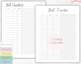 May include: Printable bill tracker and checklist with 14 pages. The checklist has columns for bill, due date, and amount. The tracker has columns for bill, amount, due date, and a grid for each month of the year. The tracker is available in 7 colors: purple, yellow, green, blue, orange, and grey.