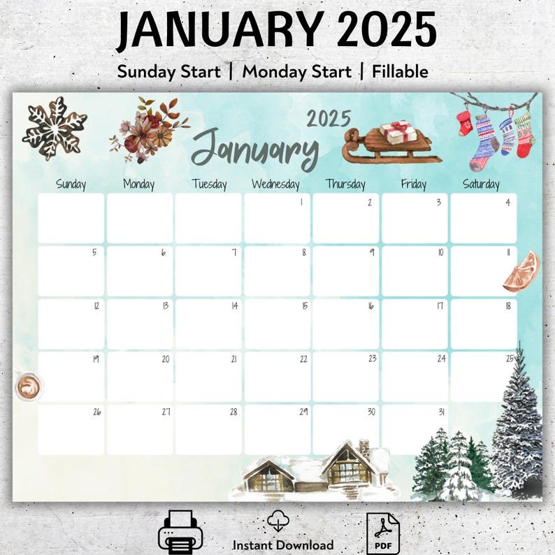 EDITABLE January 2025 Calendar, Beautiful Winter, Printable January