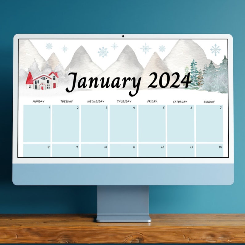 EDITABLE January 2024 Calendar, Printable New Year 2024 Planner, Snowy