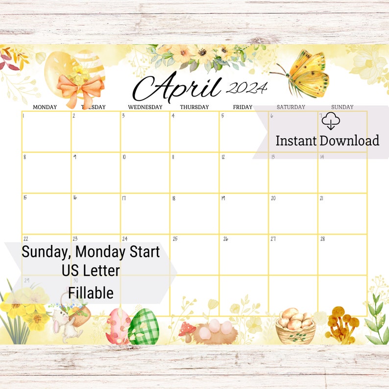 EDITABLE April 2024 Calendar, Printable, Fillable Monthly Planner, Kids