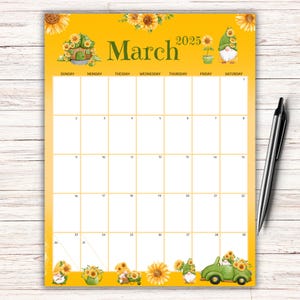 BEWERKBARE kalender maart 2025, collegeplanner, invulbare kalender, schattige kabouters, prachtige zonnebloemen, maandschema voor kinderen, pdf