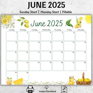 June 2025 Printable Calendar, Lemon Theme Design, Customizable Monthly Planner, Editable PDF, Sunday and Monday Start, Instant Download
