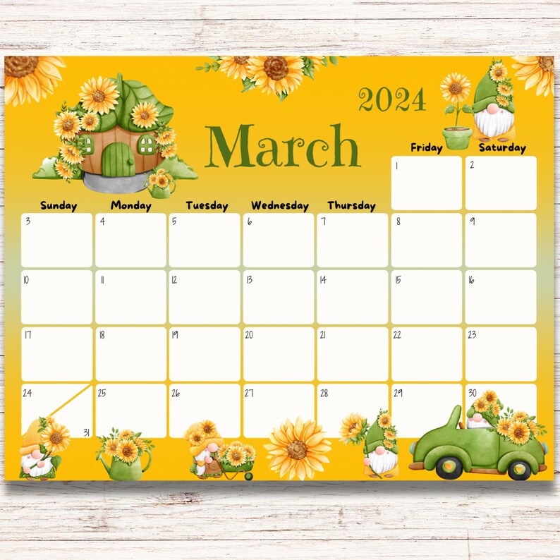 EDITABLE March 2024 Calendar Fillable Calendar Cute Gnomes Etsy UK