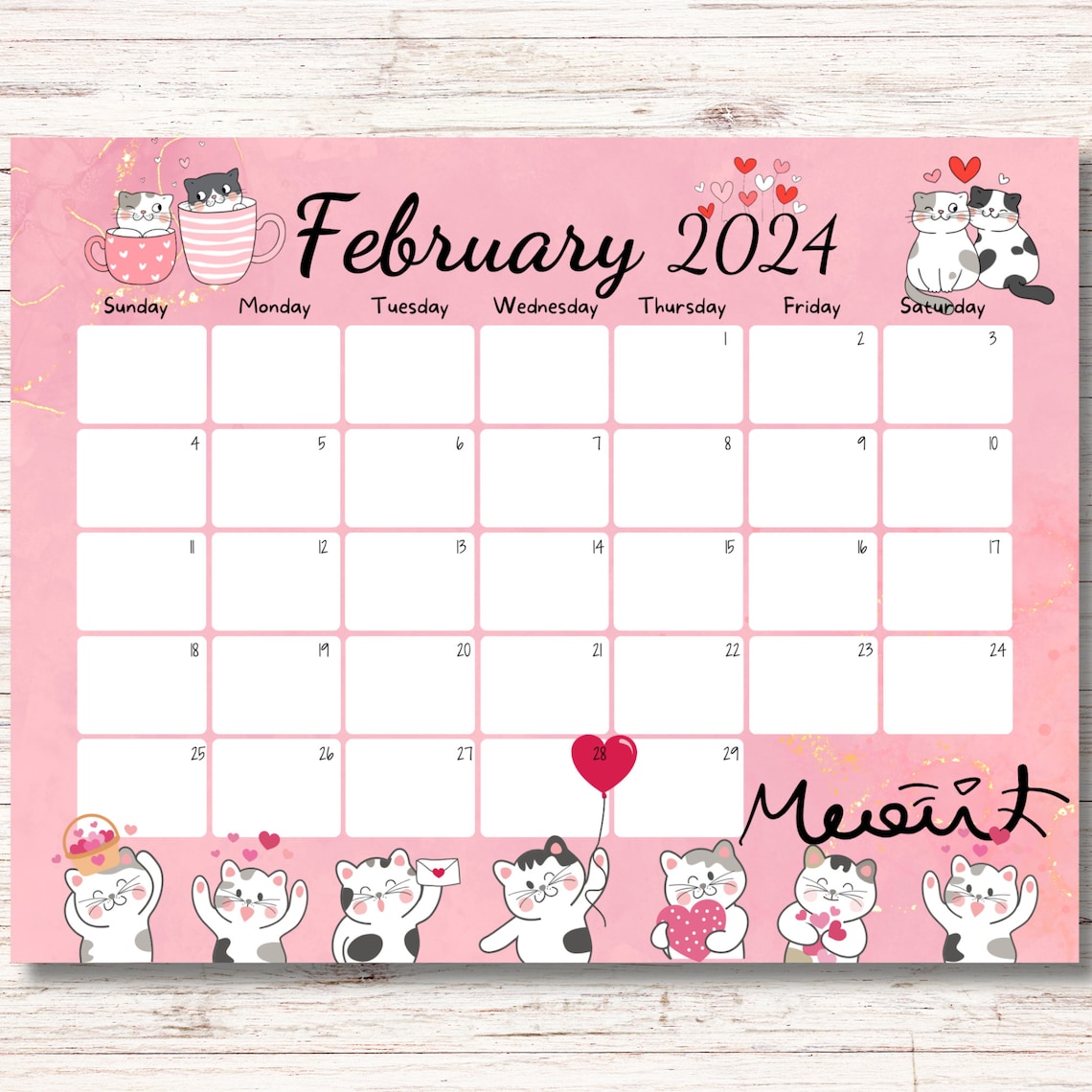 EDITABLE February 2024 Calendar Valentines Day Printable Etsy Canada