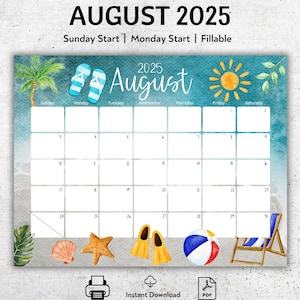 EDITABLE August 2025 Calendar, Beautiful Summer, Beach, Sun, Flip Flops, Printable Vacation Planner, Simple Organizer, Instant Download