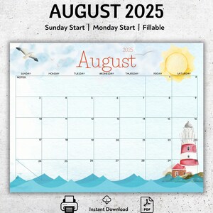 EDITABLE August 2025 Calendar, Printable August Planner, Lighthouse and, Seagull, Homeschool Calendar, Monthly Calendar, Instant Download