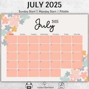 EDITABLE July 2025 Calendar, 2025 Summer Planner, July Monthly Schedule, Printable July Planner, Fillable Calendar, Instant Download, PDF