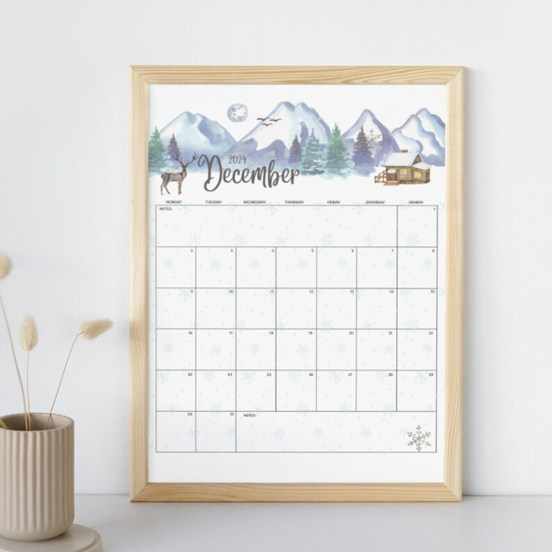 EDITABLE December 2024 Calendar, Beautiful Winter, Snowy Mountains