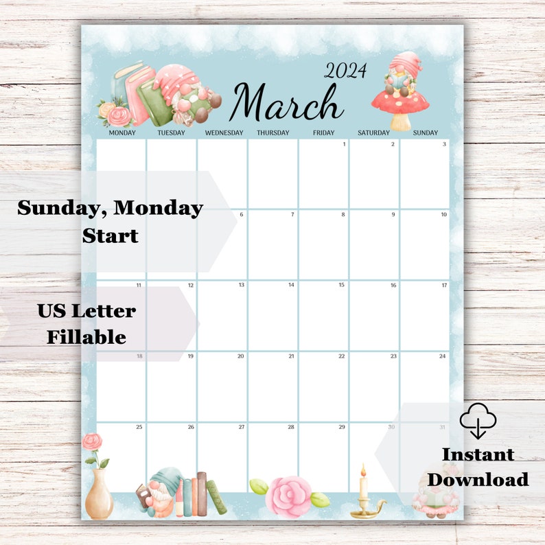 EDITABLE March 2024 Calendar, Fillable Calendar, Cute Gnomes, Happy St