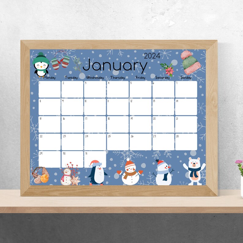 EDITABLE January 2024 Calendar, Beautiful Winter, Snowmen and Penguins