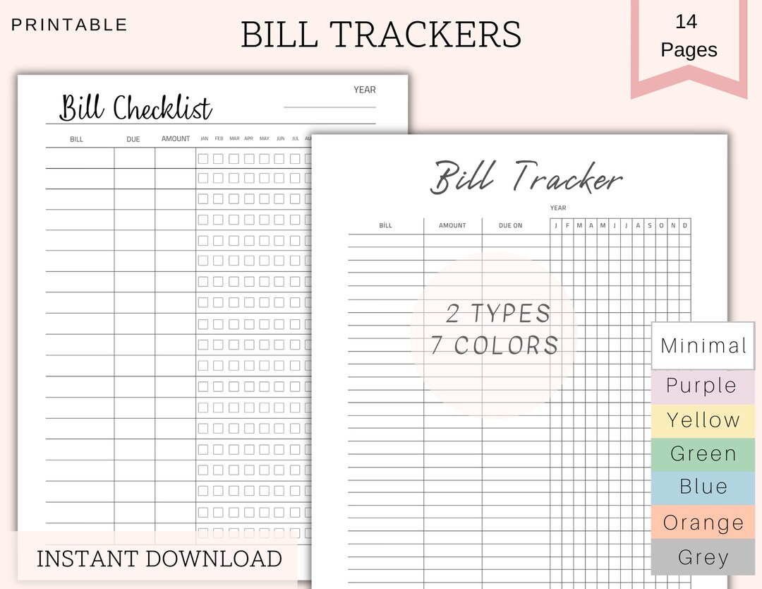 Printable Bill Payment Planner, Bill Organizer, Bill Log, Bill Tracker, Bill Payment Checklist ...