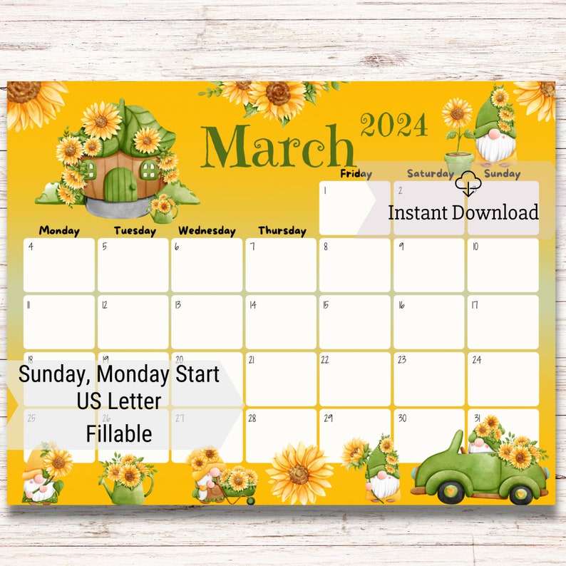 EDITABLE March 2024 Calendar, Fillable Calendar, Cute Gnomes, Happy St