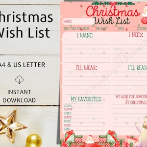 Wunschliste für Kinder, Weihnachten Wunschliste, druckbare Feiertage Wunschlisten Vorlage, Brief an den Weihnachtsmann, Wunschliste an den Weihnachtsmann, Junge, Mädchen