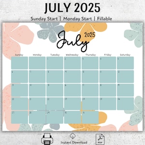 EDITABLE July 2025 Calendar, 2025 July Planner, Monthly Schedule, Boho Colors, Printable Planner, Fillable Calendar, Instant Download, PDF