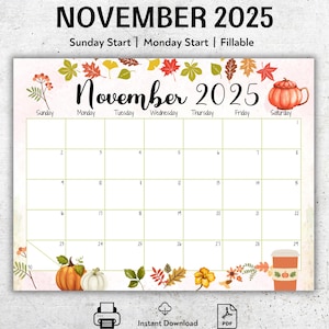 EDITABLE November 2025 Calendar, Colorful Pumpkins, Printable Planner, Fillable Calendar, November Monthly Schedule, Calendar for Women