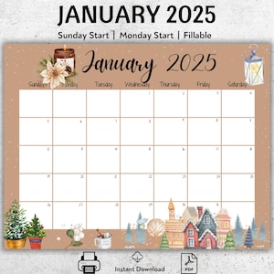 EDITIERBARER Kalender für Januar 2025, druckbarer Januarplaner, schöner Winter, frohes neues Jahr, befüllbarer Kalender, monatlicher Stundenplan für Lehrer