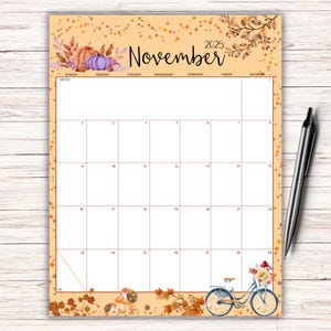 Calendario novembre 2025 MODIFICABILE, Planner stampabile, Calendario compilabile, Bellissimo fogliame autunnale, Programma mensile per bambini, Calendario per donne