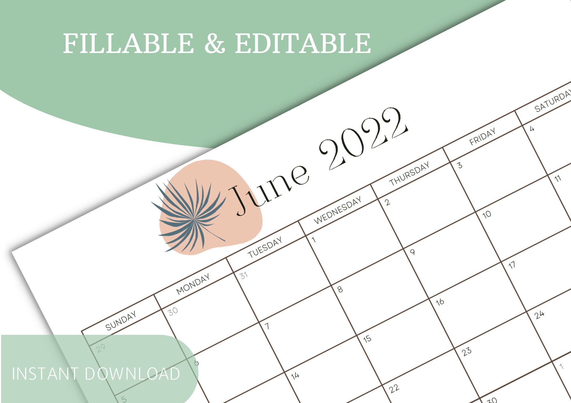 printable june calendar 2022 boho theme simple planner etsy